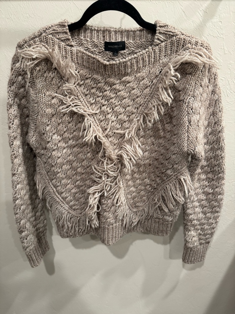 MAJORELLE Taupe Fringe Cable Knit Sweater